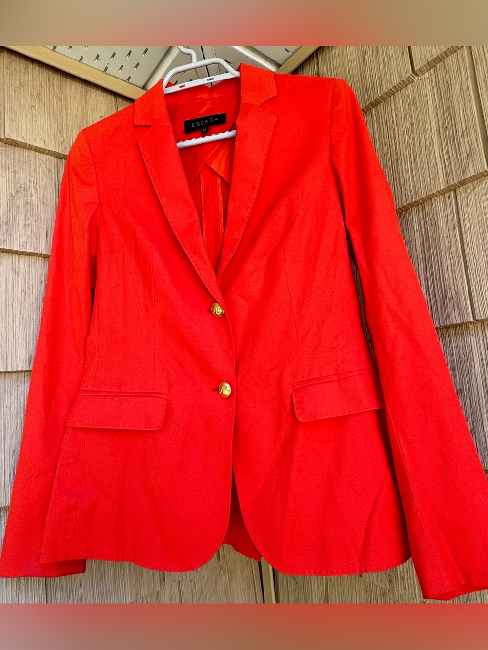 Escada Vibrant Tomato Red Fitted Single-Breasted Blazer, Gold Buttons, Size 34